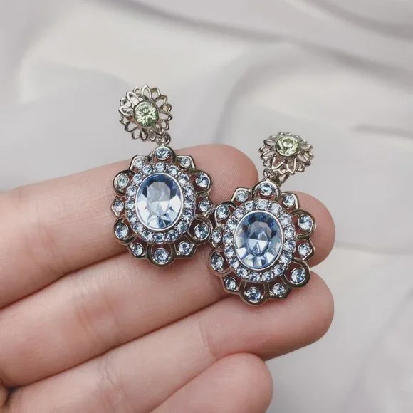 Givenchy Pastel Blue Rhinestone Jewel Flower Oval Silver Dangle Clip Earrings - Picture 8 of 9